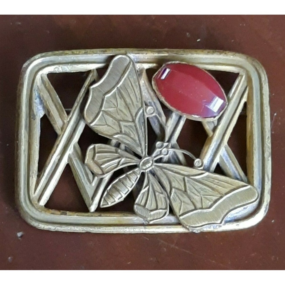 Victorian Art Deco Nouveau Antique Gilt Brass Red Carnelian Cabochon Brooch